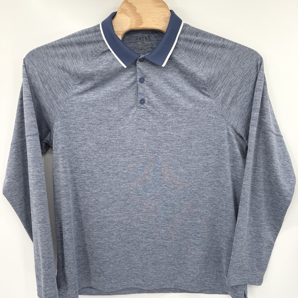Rhone‎ Polo Shirt Mens XL Blue Long Sleeve 101033 Heathered Tipped Collar Golf